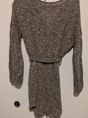 Long-Sleeve Textured Knit Dress in Brown and Cream